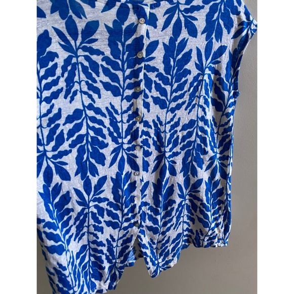 Rachel Zoe Blue White Linen Leaf Print Top Short Sleeve Blouse Women's M - Picture 6 of 9